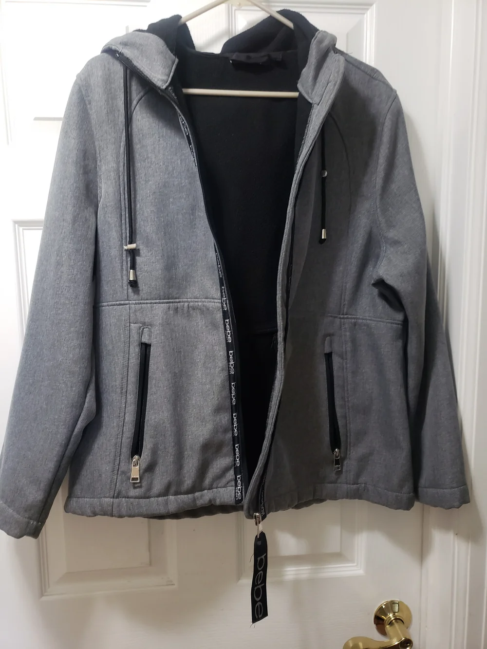 bebe Womens  Light Gray Hooded Zip Jacket with Black Lining